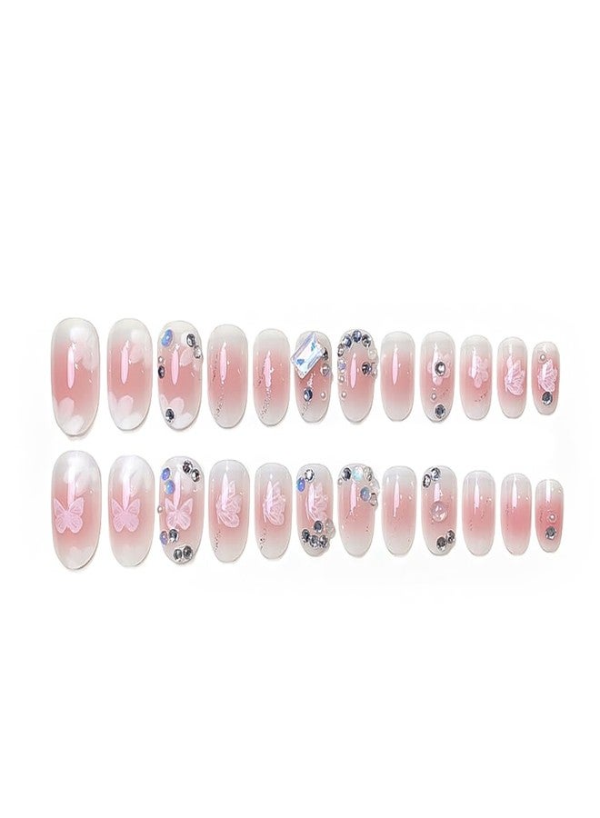 RikView Almond Press on Nails Short Fake Nails Pink Nails with 3D Rhinestones Glossy Full Cover Nails for Women 24 PCs/Set - Image 4